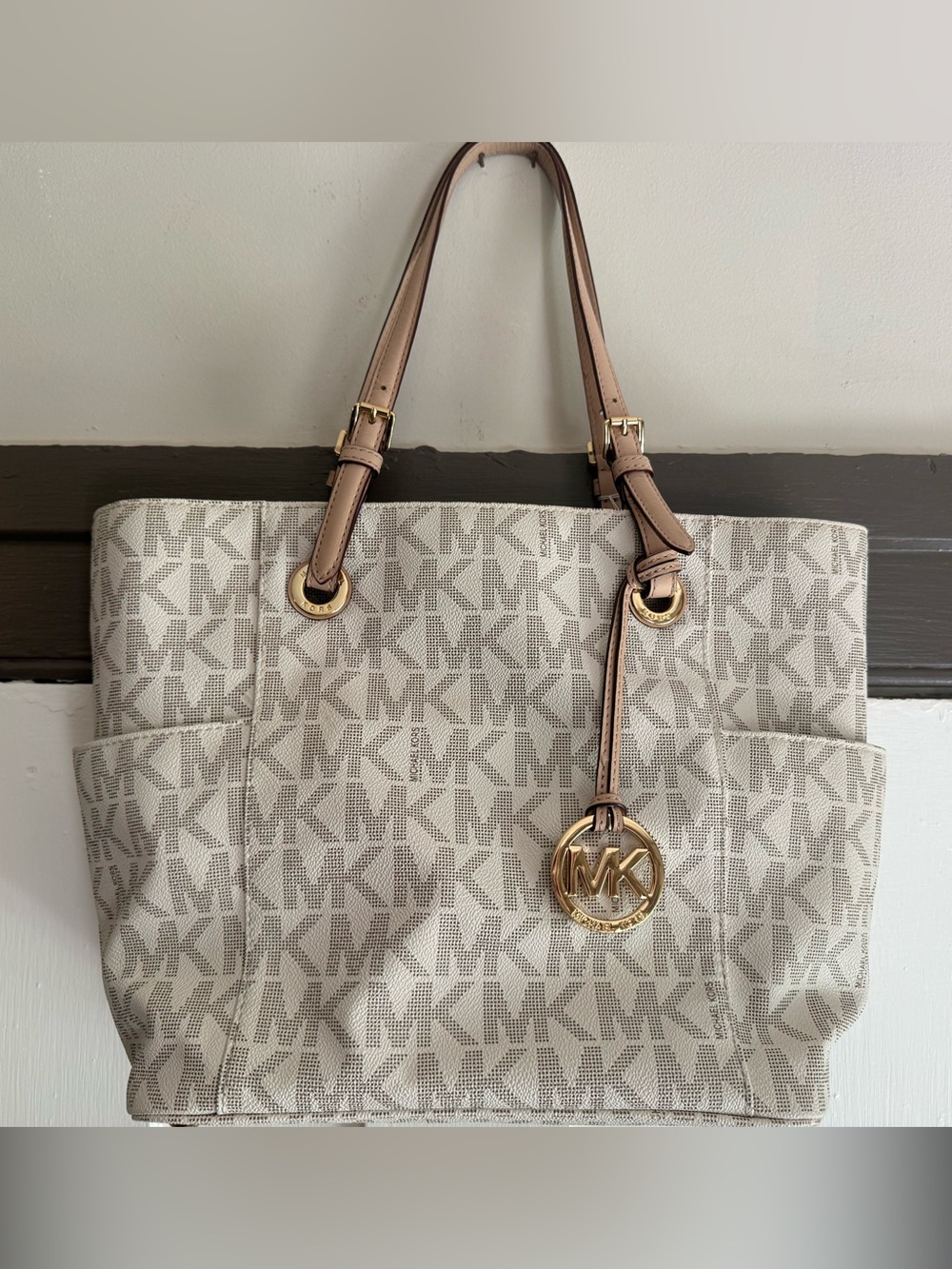 Michael Kors Neutral MK Signature Tote with Gold Hardware